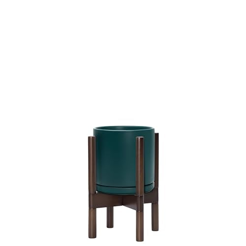 D'vine Dev Ceramic Pot with Walnut Wood Stand, Teal, 8 in, 55-B-Y-4 - color: Teal Pot + Walnut Color Stand, size: 8 Inch