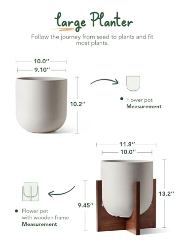 LE TAUCI 10 Inch Ceramic Planter with Acacia Wood Stand, Neutral Gray - color: Neutral Gray, size: 10 Inch