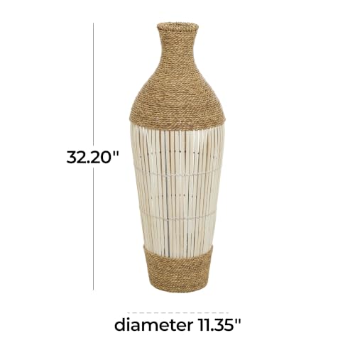 Deco 79 Seagrass Handmade Decorative Vase Wrapped Tall Centerpiece Vase with Cream Slatted Bamboo Center, Vase for Home Decoration 11" x 11" x 32", Brown - size: 11" x 11" x 32"