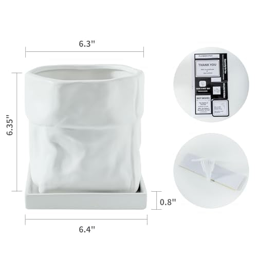 Nihow 6 Inch Ceramic Plant Pot with Drainage & Square Saucer, White - color: White, size: 6 Inch