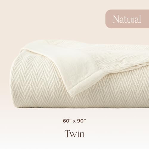 100% Organic Cotton Blanket - GOTS Certified 350GSM Organic Cotton Throw Blanket for Bed with Luxurious & Breathable Herringbone Weave - Great as Bedspread or Coverlet (Natural, Twin) - color: Natural, size: Twin