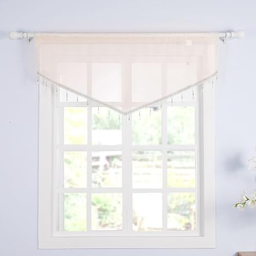 Molaxhome Swag Curtain Scalloped Curtain Valance Drape Sheer Lace Panel 1pc - color: Beige