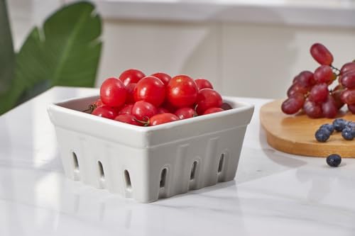 ONEMORE Ceramic Berry Basket, Square Fruit Bowls, Rustic Stoneware Berry Colander Set of 2, 5.7 inch, Gray & Light Green - color: Gray & Light Green