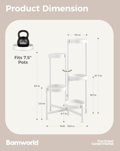 Bamworld Plant Stand Indoor Outdoor 5 Tier Corner Plant Shelf Metal Holder - color: White, size: 5 Tiers