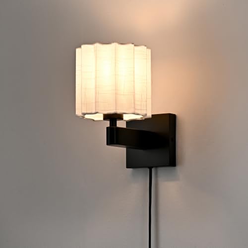 Plug in Black Wall Sconce Mid Century Modern Pleated Linen Shade - color: Black