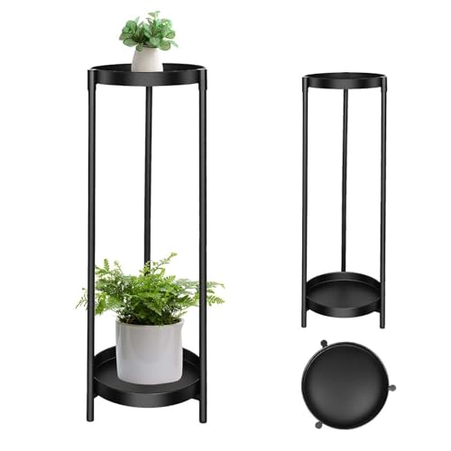 Plant Stand Indoor Outdoor, 24 Inch 2 Tier Metal Plant Stand, Black