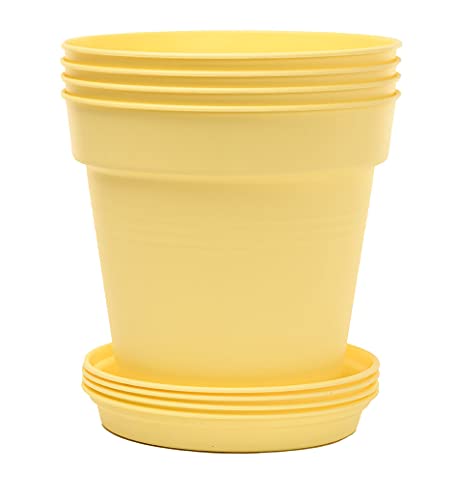 Mintra Garden Pots, 4 Pack Bulk Plastic Plant Pots with Drainage Tray, Round Indoor & Outdoor Decorative Planters with Drain Holes for Flowers, Herbs & Plants, 19cm Diameter – Yellow, 7.5 in - color: Yellow, size: 19cm Diameter (7.5in)