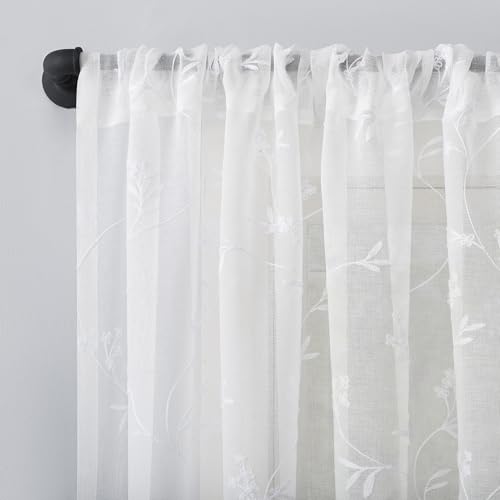 No. 918 Delia Embroidered Floral Sheer Rod Pocket Curtain Panel, 50" x 63", Ivory Off-White - color: Ivory Off-white, size: 50"W x 63"L (Pack of 1)