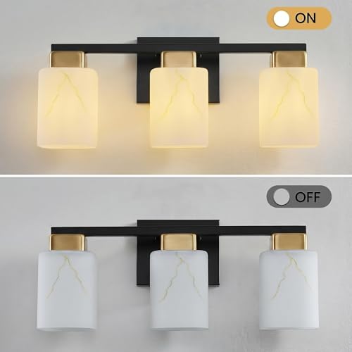 3-Light Square Bathroom Light Fixture, Black and Gold Modern Vanity Light with White Marble Glass Shade, for Bathroom Mirror, Living Room, Bedroom, Hallway, E26 Base - color: Black and Gold, size: 3-Light