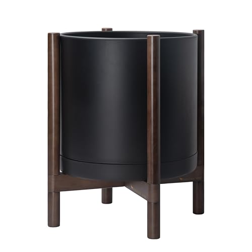 D'vine Dev Plastic Pot with Walnut Wood Stand, Black, 16 in, 55-C-X-2 - color: Matte Black Pot + Walnut Color Stand, size: 16 Inch