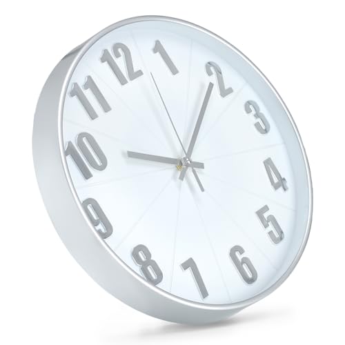 Wall Clock Modern Battery Operated Silent Non-Ticking Round Wall Clocks Simple Style Quartz Movement 3D Stereoscopic Analog Decor Clock for Office/School/Living Room (White-Silver, 12 inch) - color: White-silver