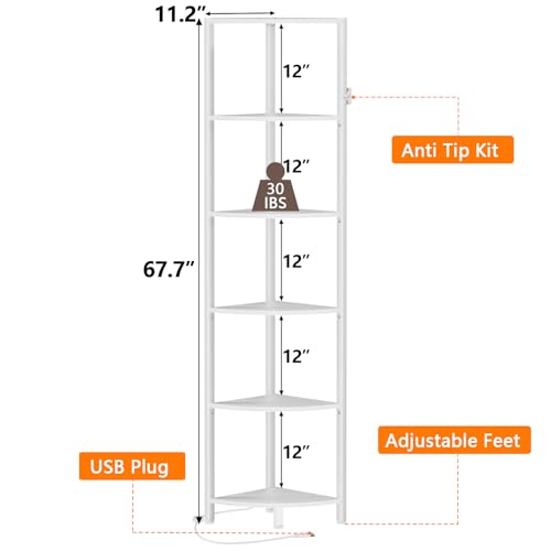 Furnulem 6 Tier Corner Shelf with LED Light, 67.5" White Narrow Bookshelf - color: White