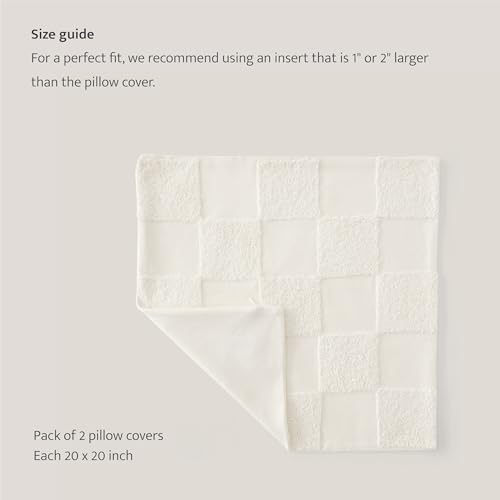 Double Stitch 100% Cotton Tufted Boho Checkered Throw Pillow Covers, Cream - color: Cream, size: 20" x 20" (Pack of 2)