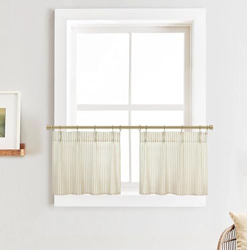 15 Inch Curtains Length,Cafe Striped Linen Farmhouse Sheer Small Window Curtains for Kitchen Bathroom,24 x 15 Inch Long 2 Panels Set - color: Tan, size: 24"W x 15"L (Pack of 2)