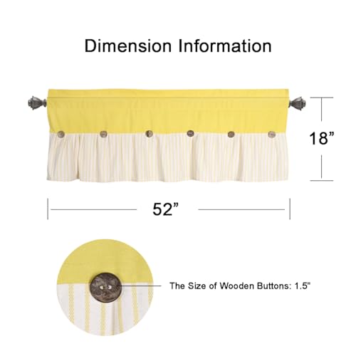 DOSLY Ides Farmhouse Rustic Cotton Valance Curtain, Yellow Striped Pleated Design with Coconut Buttons, Multi-Room Window Treatment for Kitchen Living Room Bedroom, 52" W x 18" L - color: Yellow & Yellow Stripe, size: 52"W x 18"L (Pack of 1)