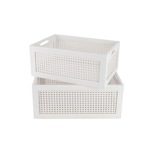 White Wooden Storage Baskets with Handle, Rectangular Set of 2 - color: White, size: Large & Small (Set of 2)