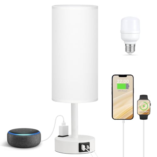 Fenmzee White Bedside Lamp for Bedroom, Dimmable Touch, USB A+C, AC Outlet - color: White - White, size: 14"