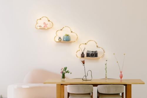 Golden Cloud Shape Floating Shelves with LED Lights Wall Decor,Gold Metal Wire and Wood Base Wall Mounted Shelf Decorations for Home Bedroom Living Room - Set of 3