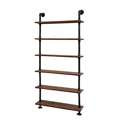 Industrial Pipe Bookshelf, 6 Layer Rustic Modern Wood Ladder Shelf with Metal Frame, Home Decor, Display Shelving, Retro Floating Shelving, 35.4x9.8x79in, 10-20lbs, Pine