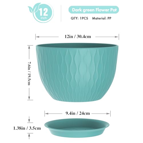 WSMKSZ 12 Inch Large Plant Pots for Indoor or Outdoor Plants, Wide Water Ripples Flower Pots with Drainage Holes & Saucer, Plastic Planters Set for Garden & Home Decor (Blue Green) - color: Blue Green