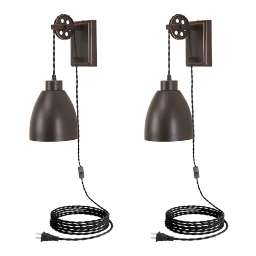 8FT Plug in Wall Sconces Pulley Wall Lamps, Oil Rubbed Bronze - color: Oil-Rubbed Bronze