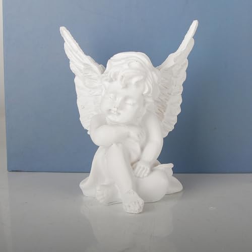 Set of 3 Grey Resin Small Elephant Statues and Set of 2 Cherub Angels Statue Figurine