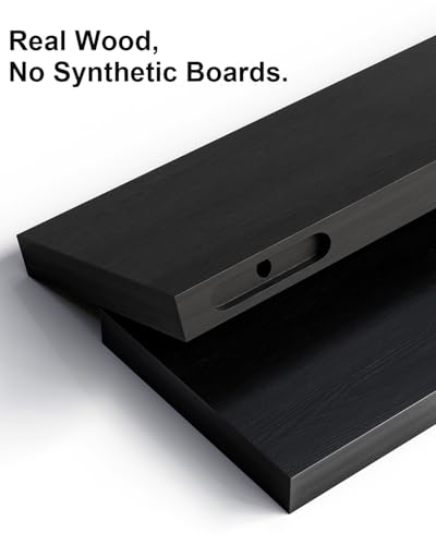 Solid Wood Floating Shelves for Wall – 16 Inch Floating Shelf for Kitchen, Bedroom, Living Room, Bathroom - Mounted Bathroom Shelves with Invisible Brackets (Black, 3 Pack)