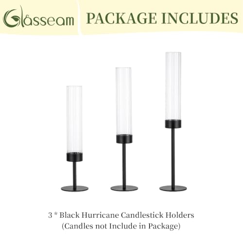 Glasseam Hurricane Taper Candle Holders, 3Pcs Black Candlestick for Mantle - color: Black