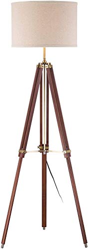 Surveyor Modern Tripod Floor Lamp Cherry Wood Beige Linen Drum Shade For Living Room Reading Bedroom Office Brown