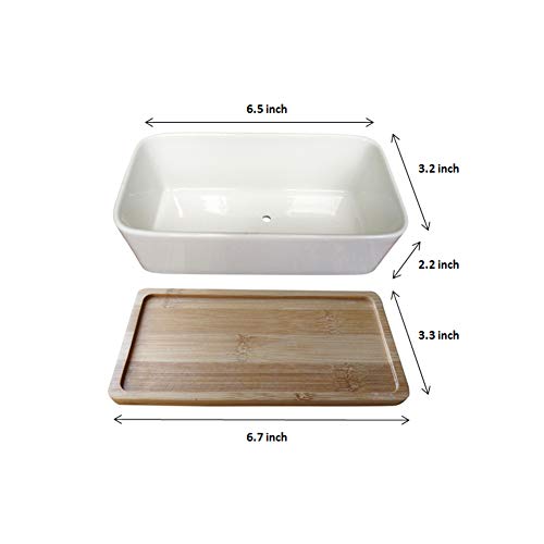 LANKER 6.5 Inch Rectangle White Ceramic Succulent Planter Pot with Bamboo Tray