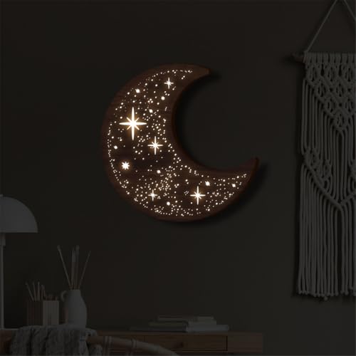 Wooden Moon Phase Wall Art Decor, LED Wood Night Light Wall Sculptures (A) - color: A