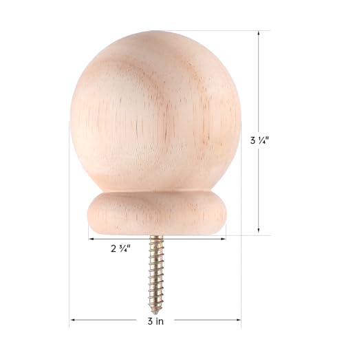 2 Pack Bed Post Finials 3" Round Wood Ball Curtain Rod Finial with Screw - size: 3 Inch