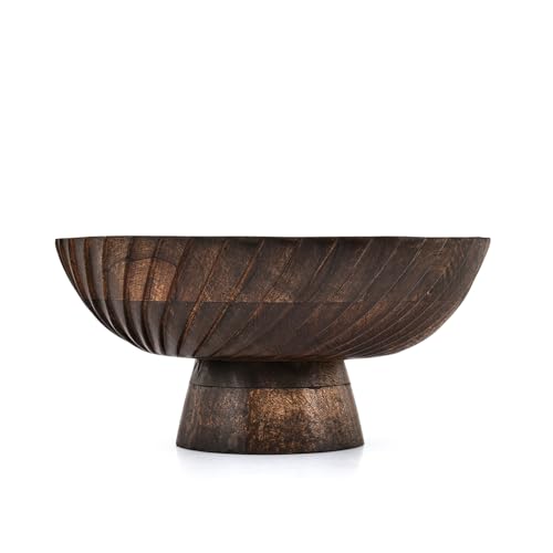 Samhita Fruit Bowl Pedestal Wooden Centerpiece Bowl for Kitchen Counter, Dining Table & Farmhouse Home Décor Display (10" x 10" x 4.75")