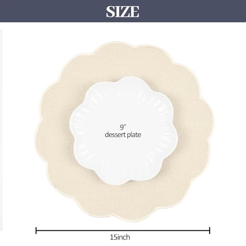 AHHFSMEI Round Scalloped Placemats Set of 6 15 Inch Faux Linen - color: Beige