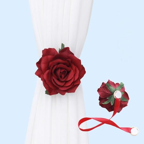 Magnetic Curtain Tiebacks, Rose Flower Tie Backs Rope - color: Burgundy-4 Pack