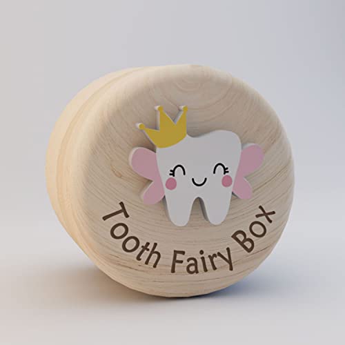 Tooth Fairy Box for Girls Cute Carved Wooden Box with 3D Tooth - color: Pink Wing