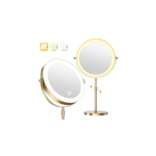 30X Magnifying Makeup Mirror with Lights, Height Adjustable Double Sided Vanity Mirror, 360° Rotation Cosmetic Mirror for Desk Bathroom - Antique Bronze