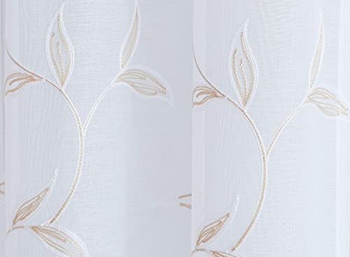 LinenZone 54x84 White Curtains with Linen Leaves. (Maria 54x84 Linen) - color: Golden Linen, size: 54"W x 84"L (Pack of 2)