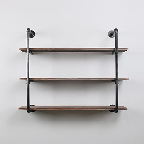 MBQQ Industrial Pipe Shelving Wall Mounted,48in Rustic Metal Floating Shelves,Steampunk Real Wood Book Shelves,Wall Shelf Unit Bookshelf Hanging Wall Shelves,Farmhouse Kitchen Bar Shelving(3 Tier) - color: 3-layer, size: 48in