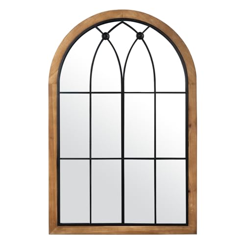 Farmhouse Wooden Window Mirror, 24" x 36" Brown Arched Mirror - color: Brown - Wooden, size: 36"L x 24"W