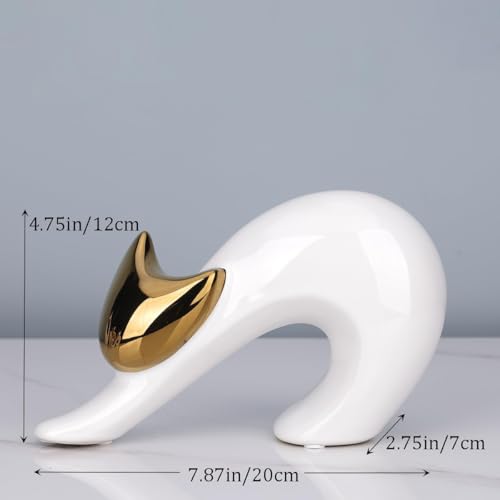 Abstract Stretching Cat Statue for Modern Home Decor, 4.75'' White and Gold Minimalist Cat Figurine for Table, Shelf, Desk, Entryway, Mantle Decor, Perfect for Animal & Pet Lovers - color: White