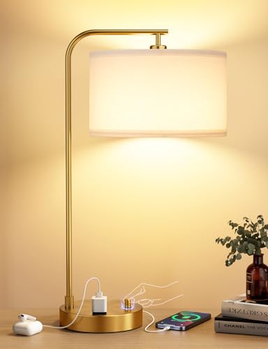20.7" Gold Table Lamp with USB & Outlet, Fully Dimmable Nightstand Lamp - color: D-White Shade& Gold Base
