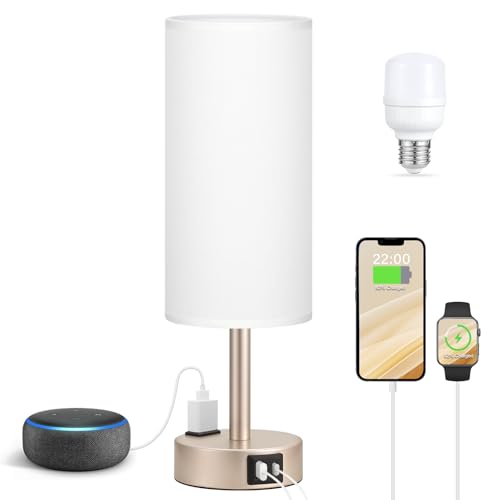 Antique White Bedside Table Lamp, Dimmable Touch Lamp, USB A+C, AC Outlet - color: White - Antique White, size: 14"