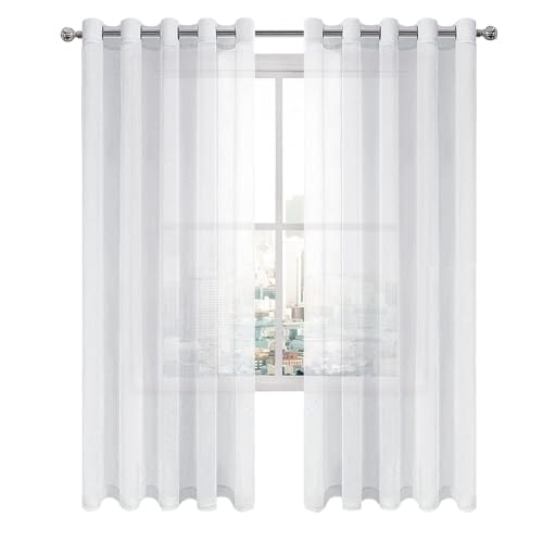 DWCN White Sheer Curtains Linen Look Semi Transparent Voile Grommet Curtains for Living Dining Room Drapes 60 x 84 Inch Long, Set of 2 Panels - color: White, size: 60"W x 84"L (Pack of 2)