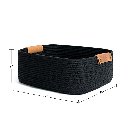 CHICVITA Large Woven Rope Gift Basket with Leather Handles, 20L, Black - color: Black, size: 14.5 x 13 x 6 Inch