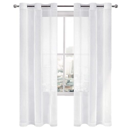 DWCN White Sheer Curtains for Living Room Bedroom - Faux Linen Look Voile Drapes Grommet Top Window Curtain Panel 46 x 84 inches Long, Set of 2 Panels - color: White, size: 46"W x 84"L (Pack of 2)