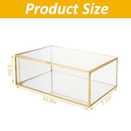 YAYODS 10.8” Glass Jewelry Box Gold Keepsake Box, Large Gold Card Box with Hinged Lid, Glass Display Box for Storage Wedding Card, Trinkets, Photo and More, Vintage