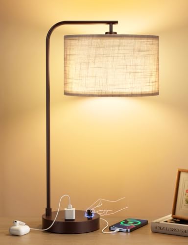 20.7" Tall Table Lamp with USB & Outlet, Fully Dimmable Nightstand Lamp - color: H-Gray Shade & Brown Base