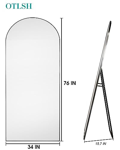 Otlsh Arched Floor Mirror, 76"34" Full Length Mirror with Stand, Freestanding, Aluminum Frame - Black - color: Black, size: 34"L x 76"W