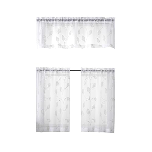 Regal Home Collections Embroidered Kitchen Tiers & Window Valance Curtains - 54"x36" Light Filtering Rod Pocket Cafe Tier, Curtain Valances for Windows, Florence White/Green - color: Florence/Green